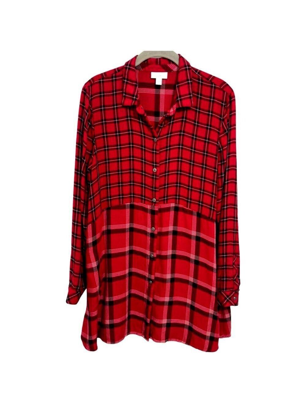 J. Jill Mixed Plaid Double Cloth Tunic Top Blouse Red Black Size M Pockets